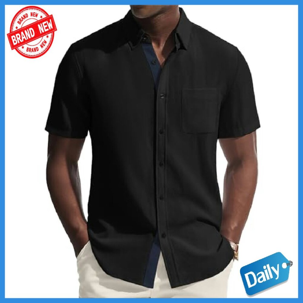 Men's Linen Blend Button Down Short Sleeve Shirt Casual Business Style - Picture 2 of 7